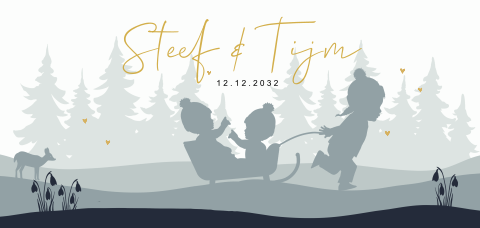 Langwerpige geboortekaart tweeling met slee en broertje