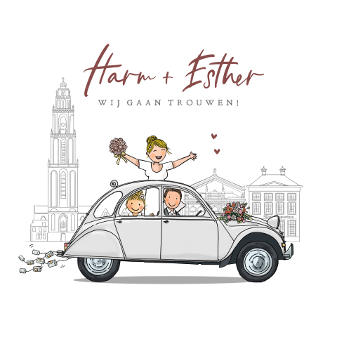 Trouwkaart bruidspaar auto citroen 2cv wit groningen