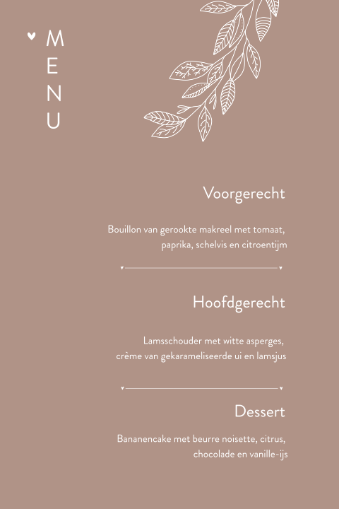 Strakke menukaart met takjes en mooie hippe achtergrond