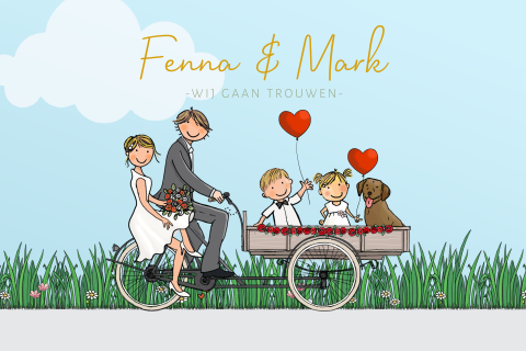 Trouwkaart bakfiets met kinderen en vrolijke achtergrond