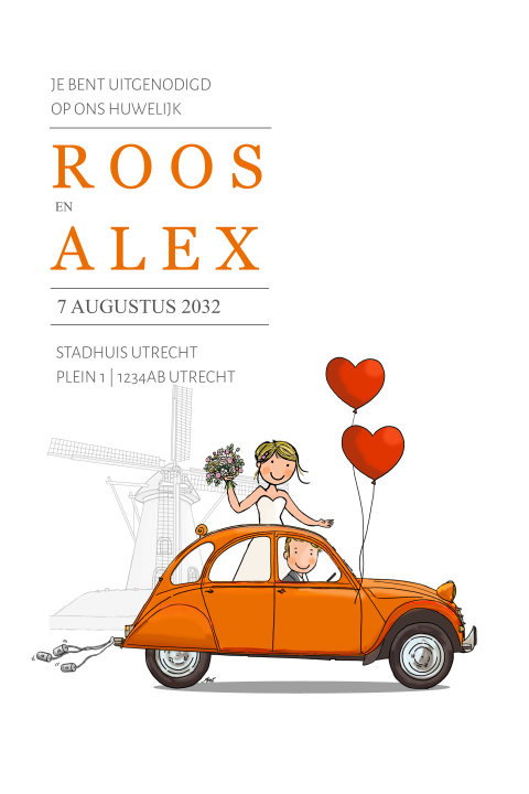 Trouwkaart 2cv oranje met bruidspaar en molen
