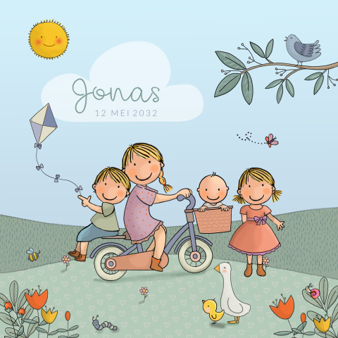Geboortekaartje lente baby jongen fiets broertje en zusje vierde