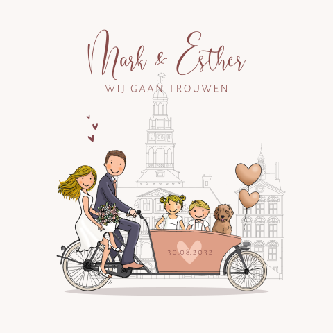 Trouwkaart bakfiets rond met kinderen en hond