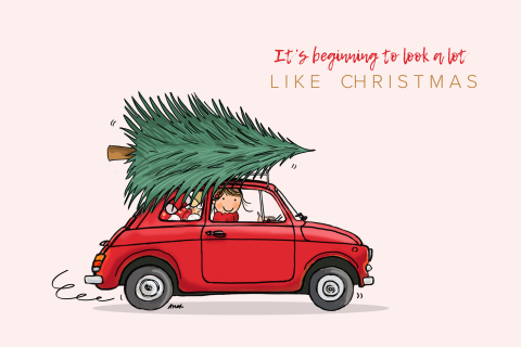 Kerstkaart Fiat 500 rood met kerstboom