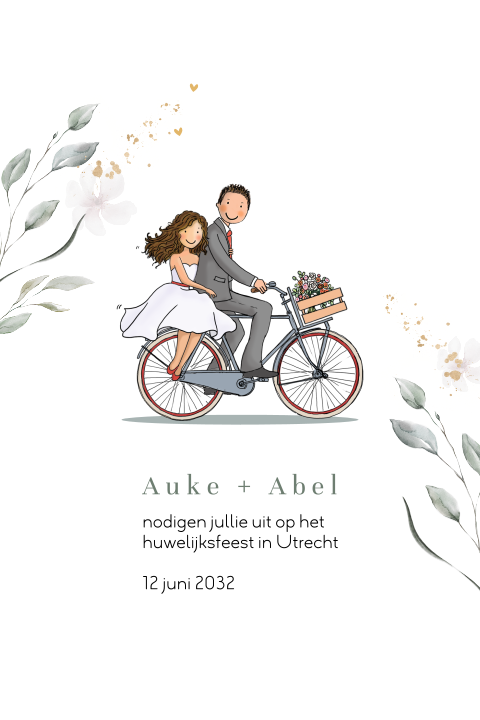 Trouwkaart fietsend bruidspaar met takjes
