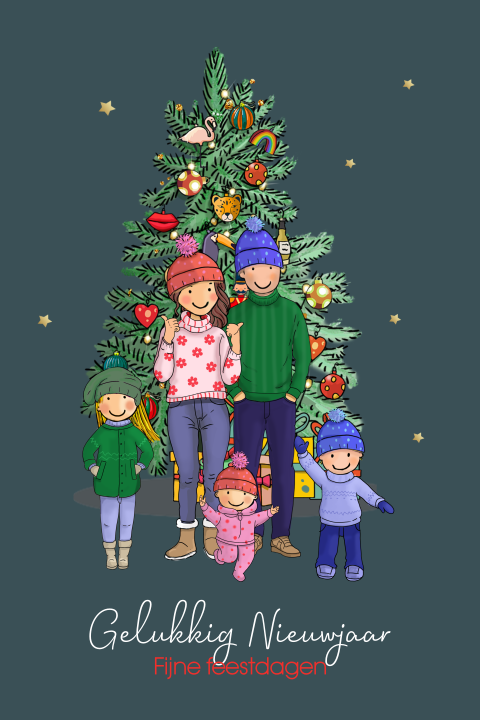 Kerstkaart familie met kerstboom en mutsen