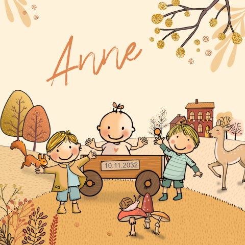 Geboortekaartje meisje broertjes herfst ree eekhoorn egel