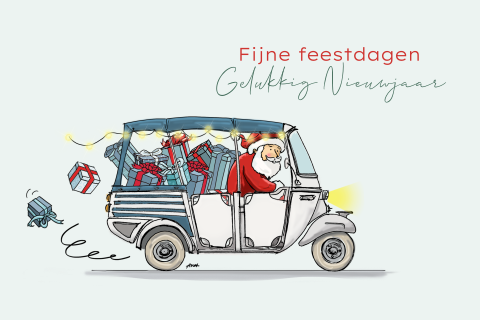 Kerstkaart tuk tuk met kerstman