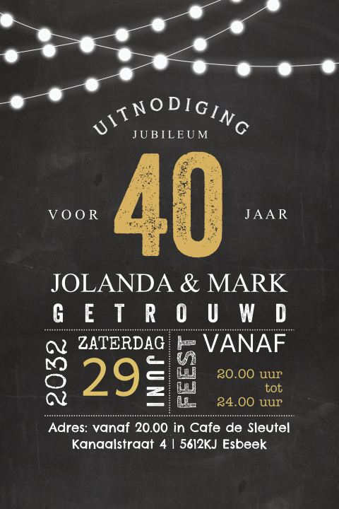 Jubileumkaart krijtbord met goudlook teksten