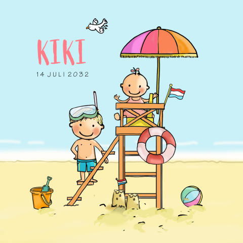 Geboortekaartje meisje strand uitkijkstoel broertje