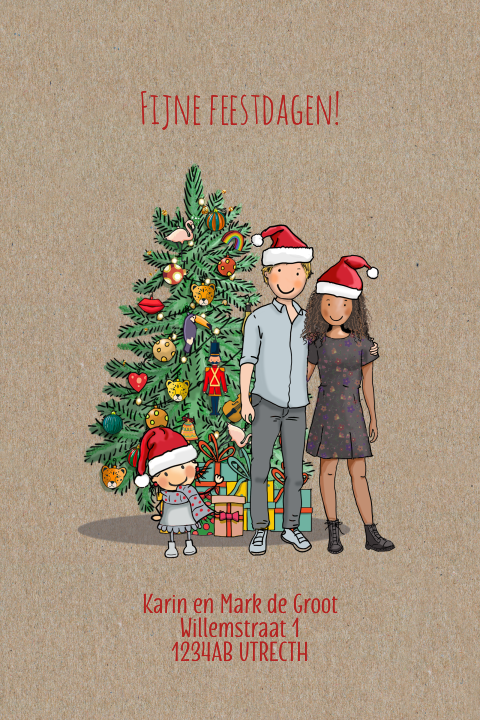 Kerstkaart kraft met familie met kerstboom