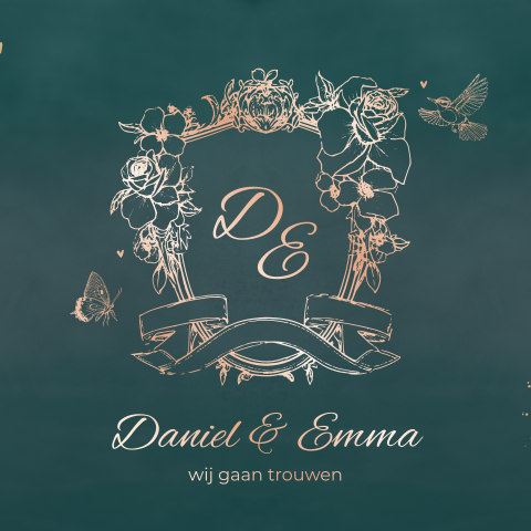 Trouwkaart roze folie kaderframe bloemen met letters