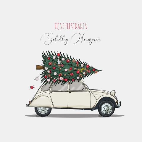 Kerstkaart Citroen 2cv met kerstboom