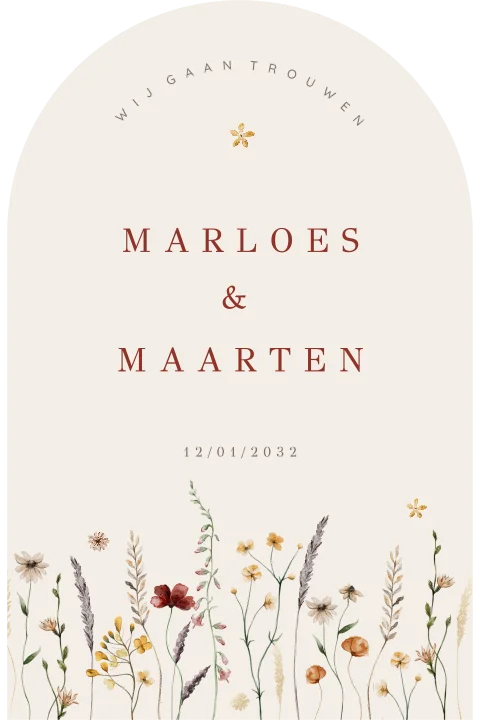 Trouwkaart arc vorm met veldbloemen