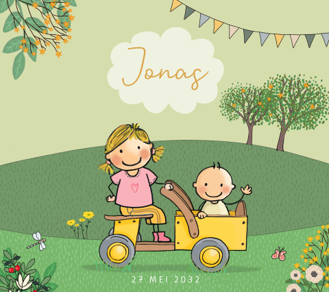 geboortekaartje zusje met baby jongen houtenbakfiets
