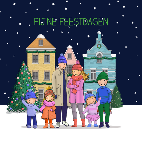 Kerstkaart familie met kleurrijke huisjes