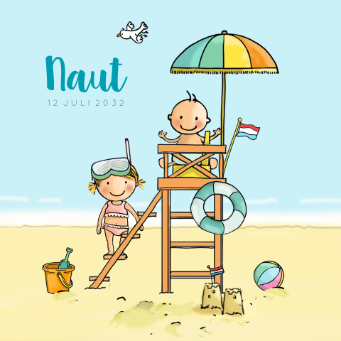 Geboortekaartje jongen strand uitkijkstoel met zusje