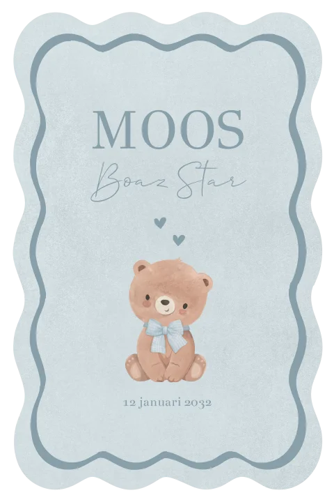 Vorm golf geboortekaartje jongen met beertje met strikje