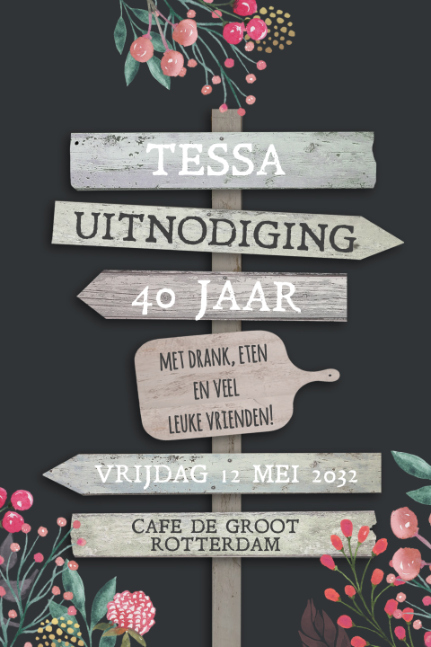 Uitnodiging feest bordjes met bloemen