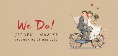 Trouwkaart dubbel lang bruidspaar fiets kraftlook
