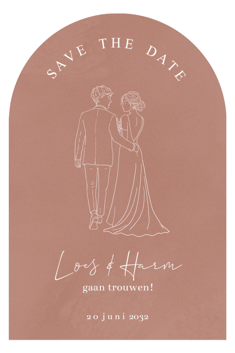 Trouwkaart save the date lijntekening bruidspaar achterkant