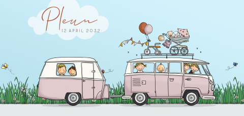 geboortekaartjes vw busje caravan lila roze