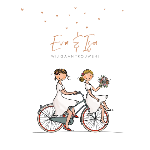 Trouwkaart bruidspaar fiets lesbisch stel rood