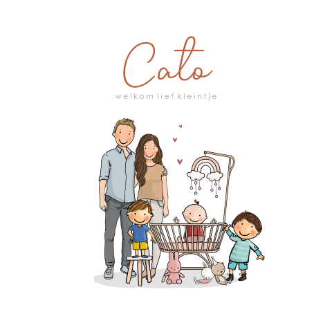 Geboortekaartje meisje in rotan wiegje met ouders broertjes