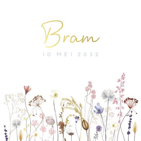 Geboortekaartje droogbloemen blauw met goudfolie