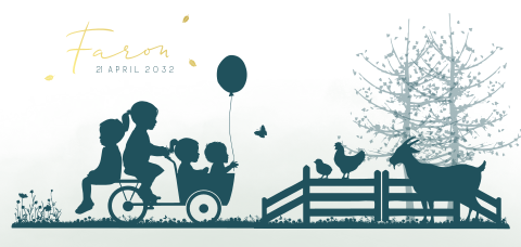 Silhouette jongen bakfiets met kinderen dieren en bomen folie koper