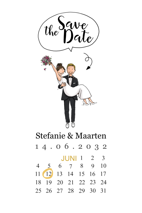 Save the date kaart opgetild bruidje door bruidegom