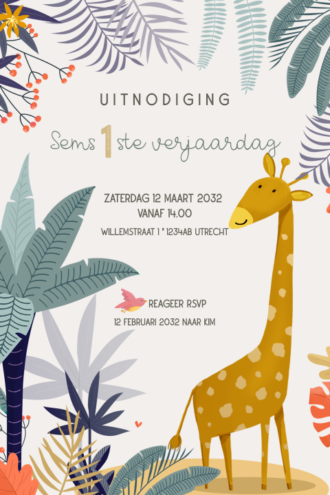 Uitnodiging kinderfeestje giraf met takjes