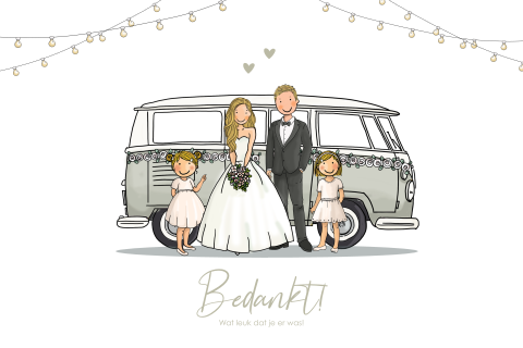 Bedankkaart vw busje met bruidspaar en kinderen