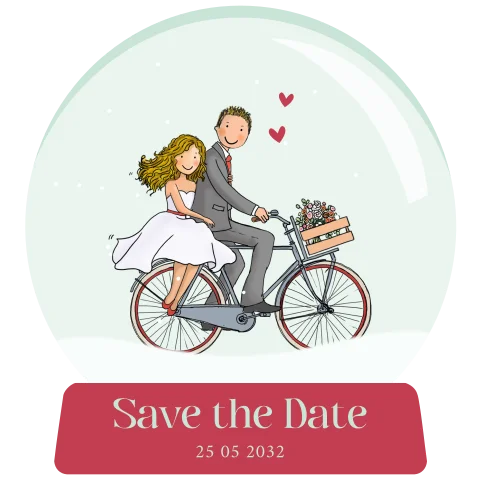 Save the Date sneeuwbol met fietsende bruidspaar