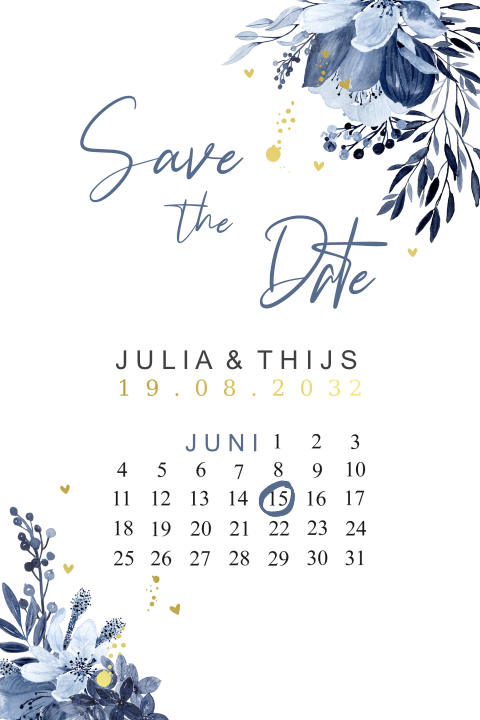 Save the date kaart delftsblauw goudkleurige spetters