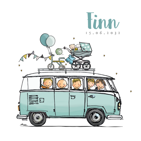 Geboortekaartje jongen vw bus blauwgroene ballonnen broertjes