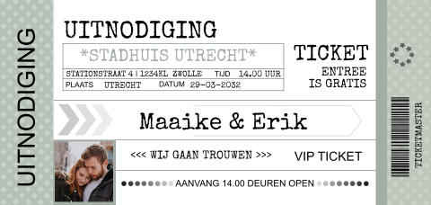 Uitnodiging trouwkaart ticket grijsgroen met teksten