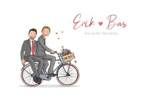 Trouwkaart fiets bruidspaar homostel