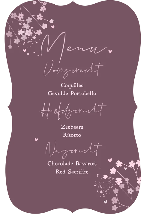 Menukaart bruidspaar en kinderen met kersenbloesem