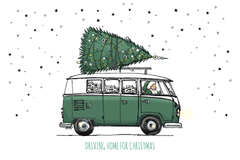 Kerstkaart groen vwbusje met kerstboom