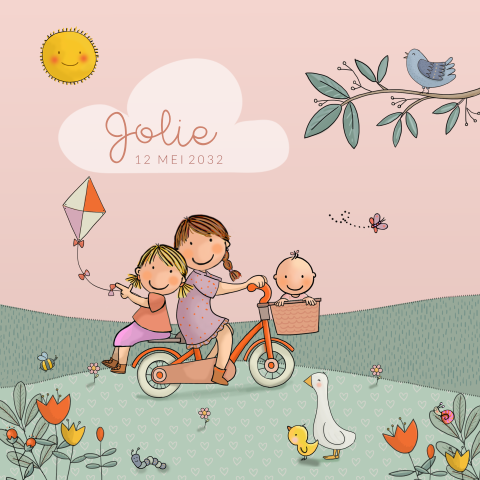 Geboortekaartje lente zusjes met bakfiets meisje