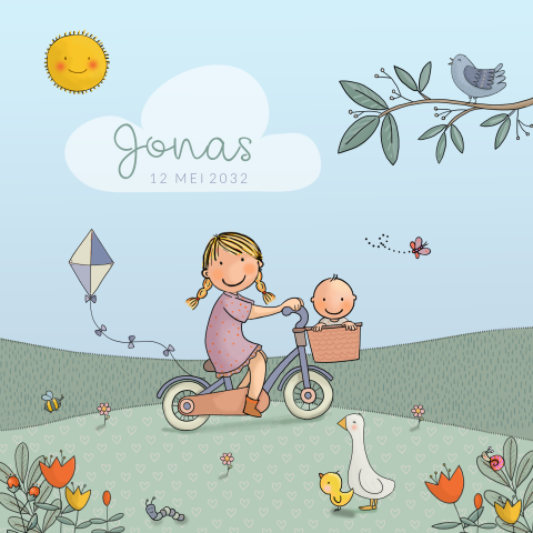 Geboortekaartje lente zus met bakfiets jongen