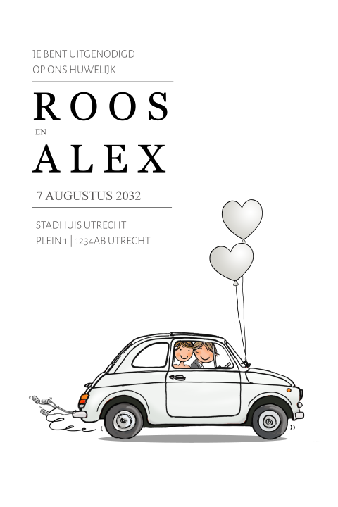 Trouwkaart bruidspaar fiat 500 wit met ballonnen