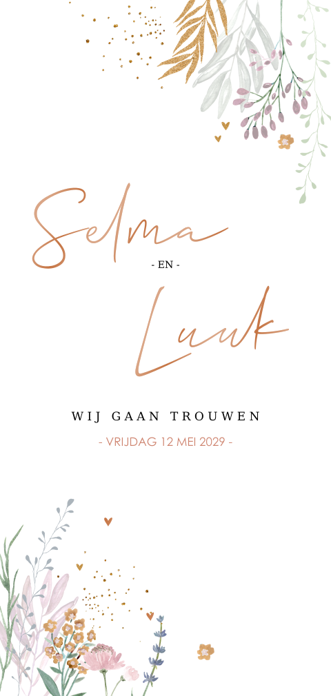 Trouwkaart veldbloemen met koperfolie