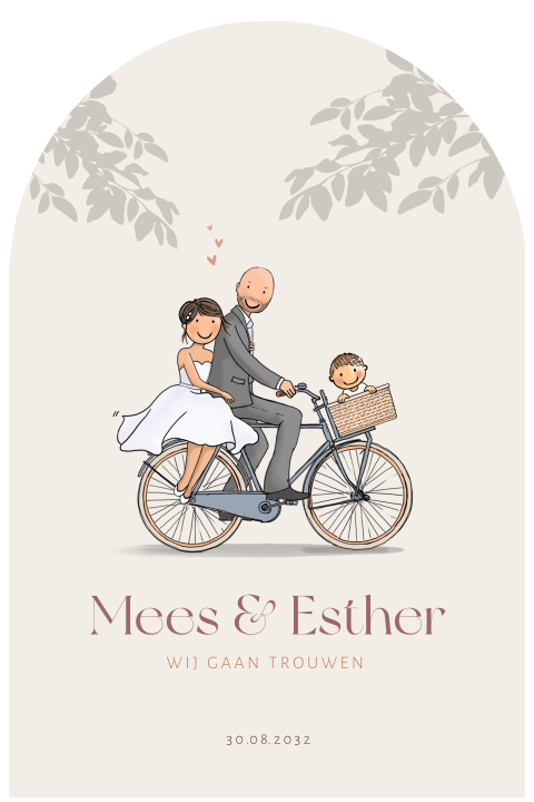 Trouwkaart ronde boog met bruidspaar op fiets en kindje