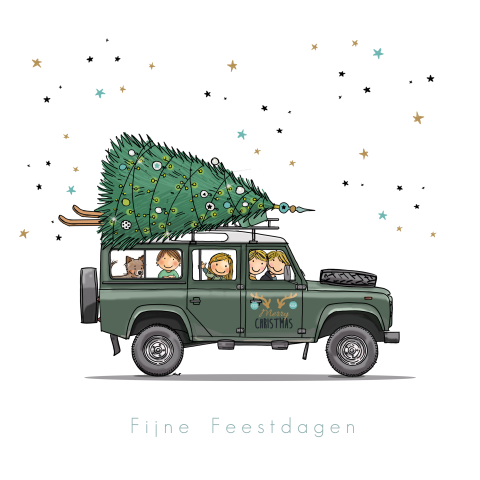 Kerstkaart landrover groen met boom