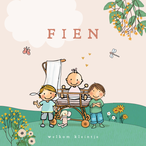 Geboortekaartje meisje rotan wiegje en broertjes met natuur