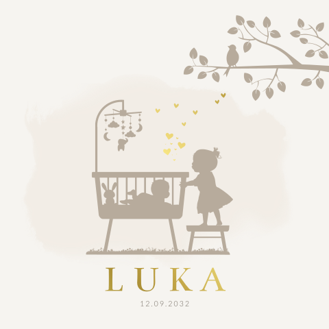 Geboortekaartje beige wiegje met baby en zusje
