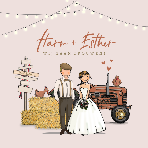 Trouwkaart bruidspaar tractor met hooibalen en lichtjes