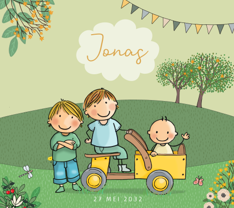geboortekaartje broertjes met baby jongen houtenbakfiets